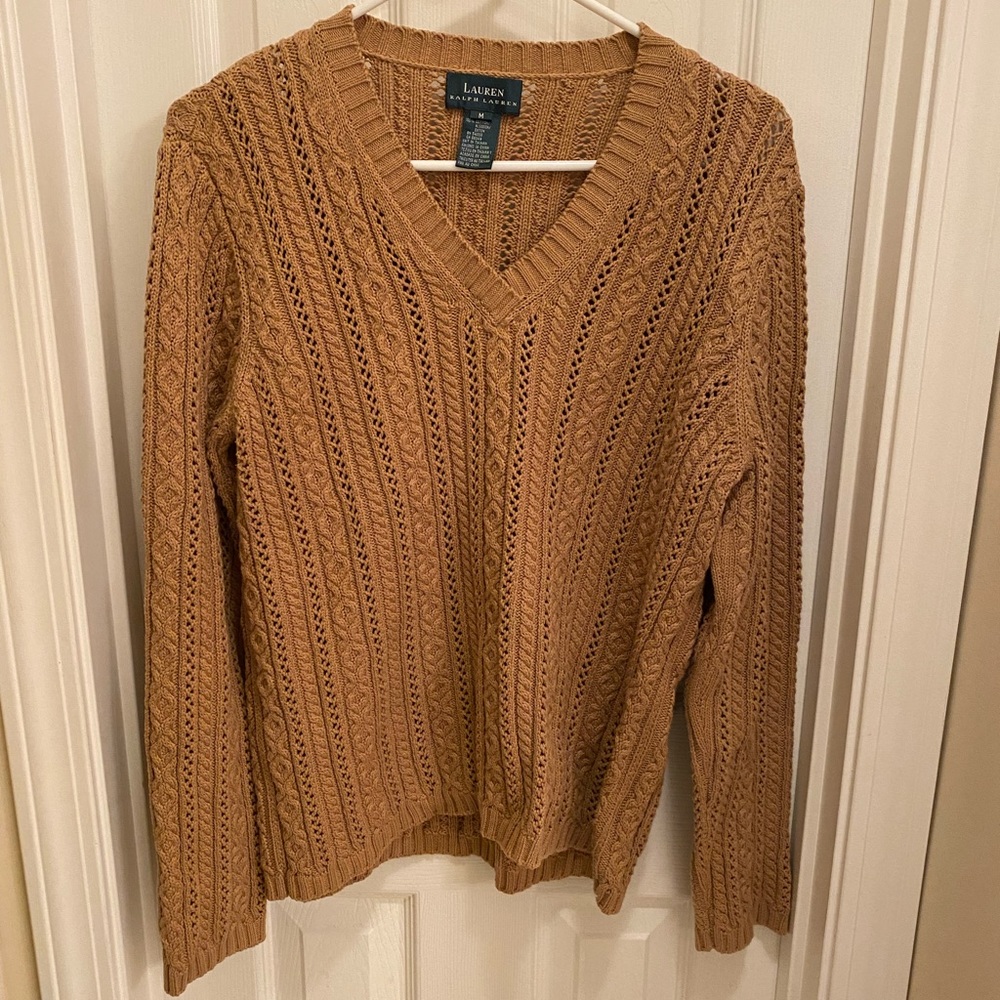 Lauren Ralph Lauren Beige Camel Cableknit Cotton Fisherman Sweater neutral